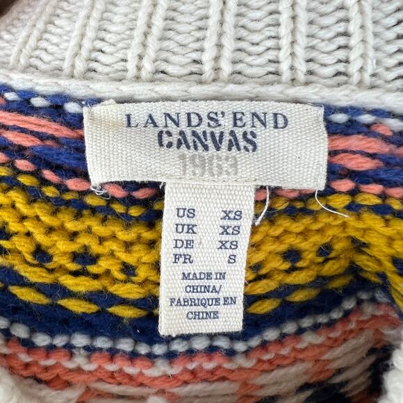 Lands' End Canvas Beige Multicolor Fair Isle Wool Button-Up Mock Neck Sweater XS - Picture 9 of 10
